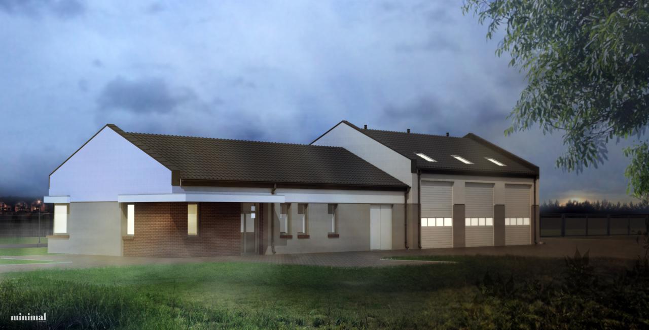 Wizualizacja budynku usługowego z trzema bramami garażowymi, płaskim dachem i elementami z cegły, prezentowana o zmierzchu z widoczną zielenią i fragmentem krajobrazu w tle.