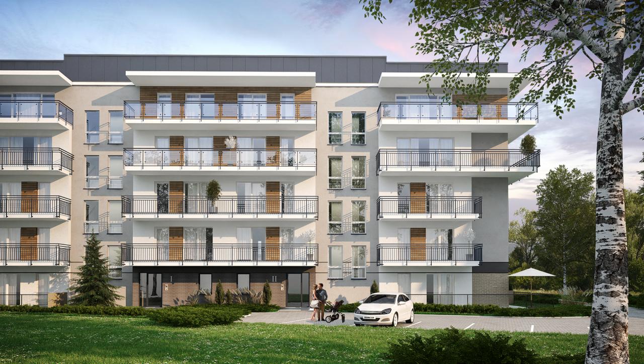 Wizualizacja nowoczesnego budynku wielorodzinnego z balkonami, z parą z wózkiem na parkingu i starannie utrzymanym trawnikiem.