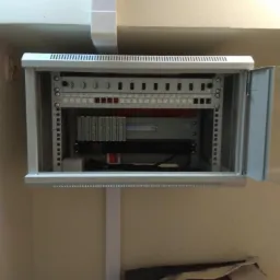 Otwarta szafa teleinformatyczna zamontowana na ścianie, z widocznymi elementami okablowania i osprzętu, z białym kanałem kablowym u góry i dołu, oraz kartonami pod spodem.