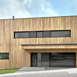 Wizualizacja nowoczesnego, dwukondygnacyjnego domu jednorodzinnego z elewacją z jasnego drewna, płaskim dachem i garażem w bryle budynku. Widoczne duże okna, szara brama garażowa i minimalistyczne...