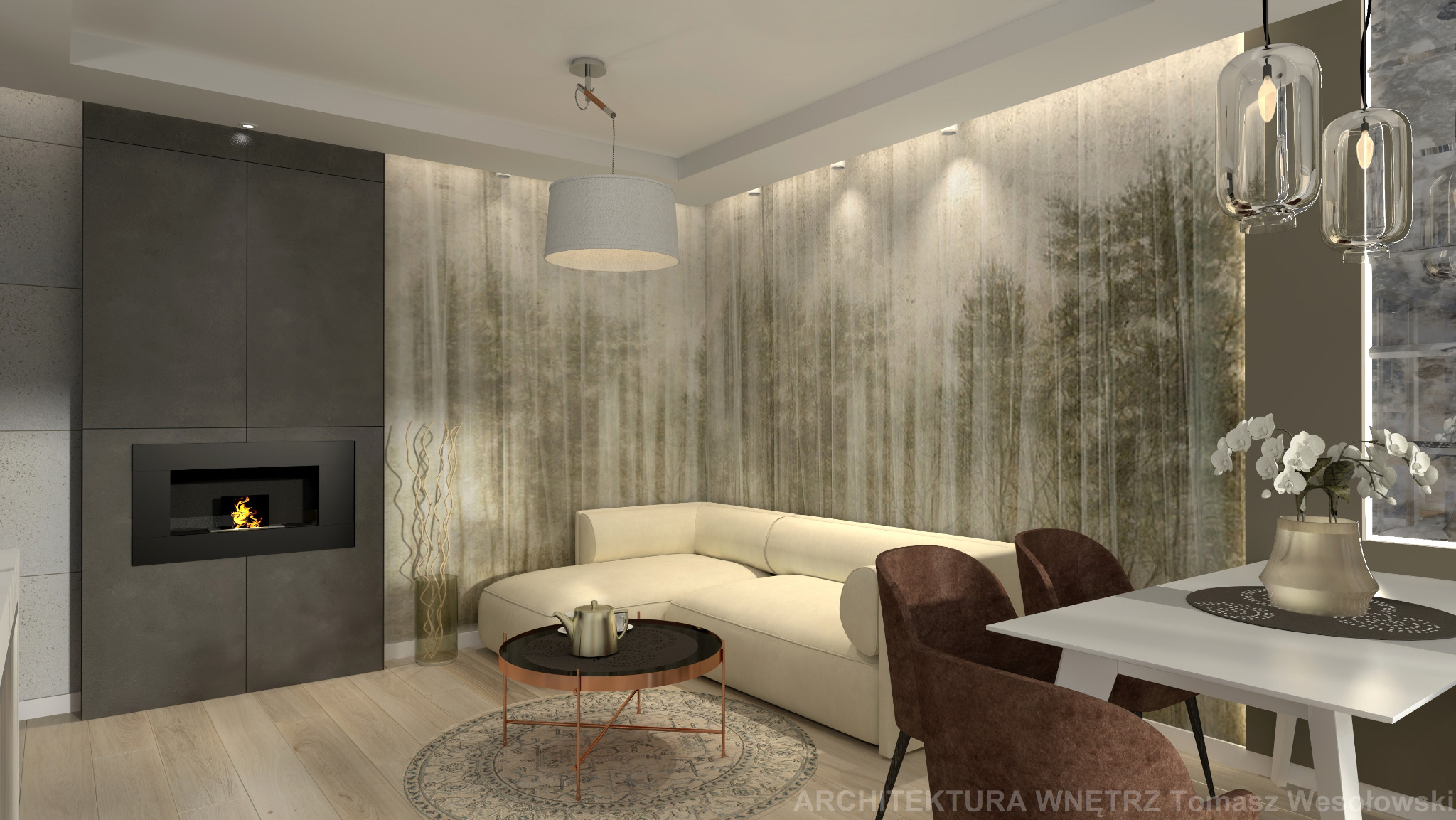 Pokój z bio kominkiem kolory natury