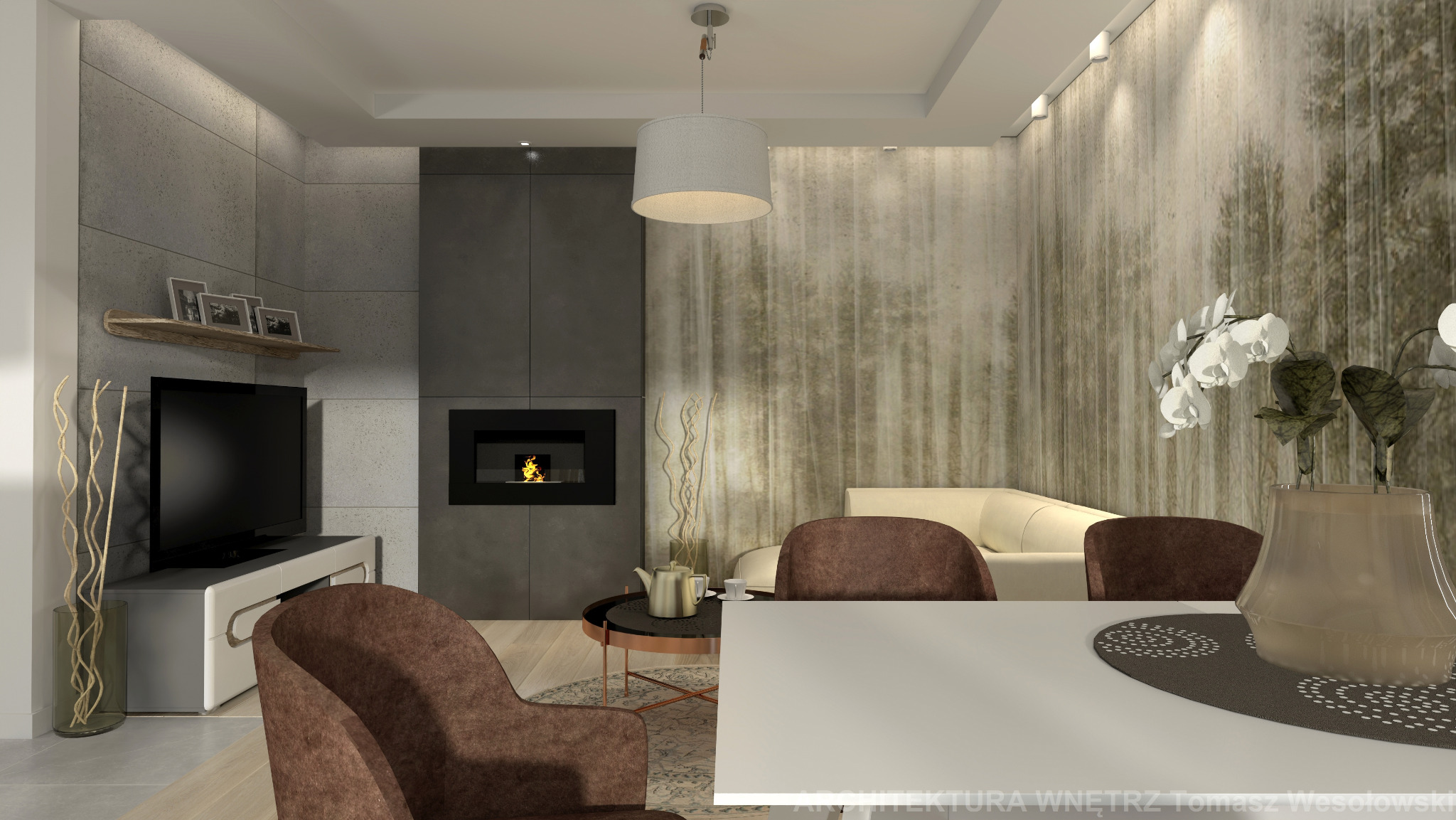 Wizualizacja salonu z kominkiem, telewizorem i elementami dekoracyjnymi w stylu nowoczesnym, z przewagą szarości, beżu i brązu, oświetlonego lampą wiszącą i punktowymi reflektorami.
