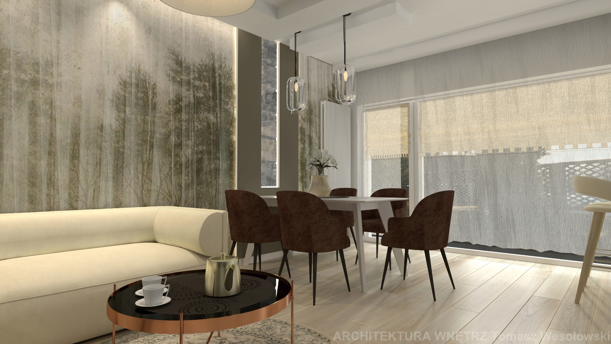 Jasny salon z fototapetą imitującą las, kremową sofą, okrągłym stolikiem kawowym z miedzianymi nóżkami i białym stołem jadalnym z brązowymi krzesłami.