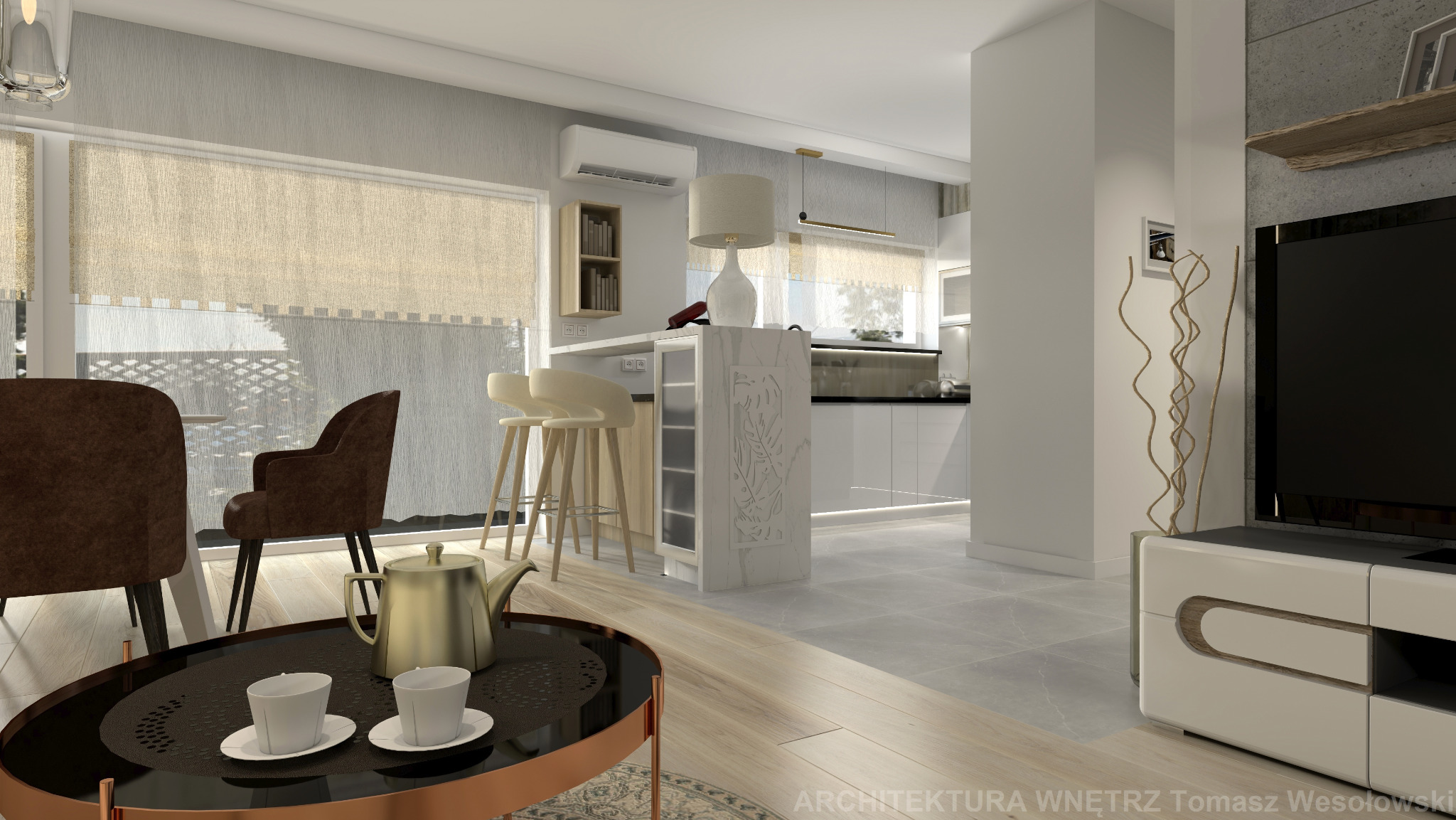Wizualizacja przestronnego, jasnego salonu z aneksem kuchennym, utrzymanego w neutralnej kolorystyce z akcentami brązu i miedzi; widoczny stolik kawowy z czajnikiem i filiżankami, krzesła barowe...