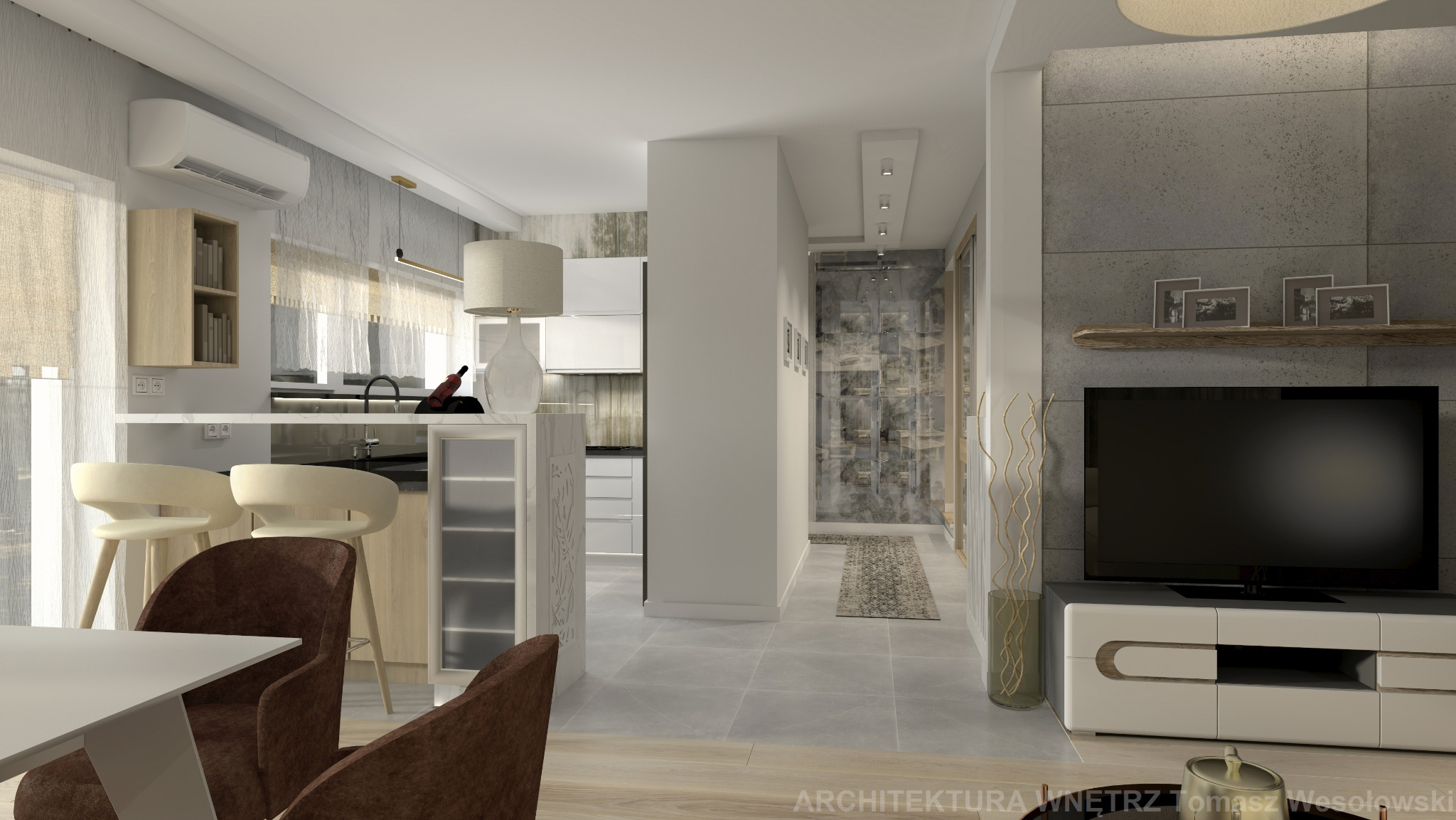 Wnętrze mieszkania w odcieniach szarości i beżu: widok z jadalni na otwartą kuchnię z barkiem, dalej korytarz z lustrzaną szafą, w tle ściana telewizyjna z drewnianą półką i dekoracjami.