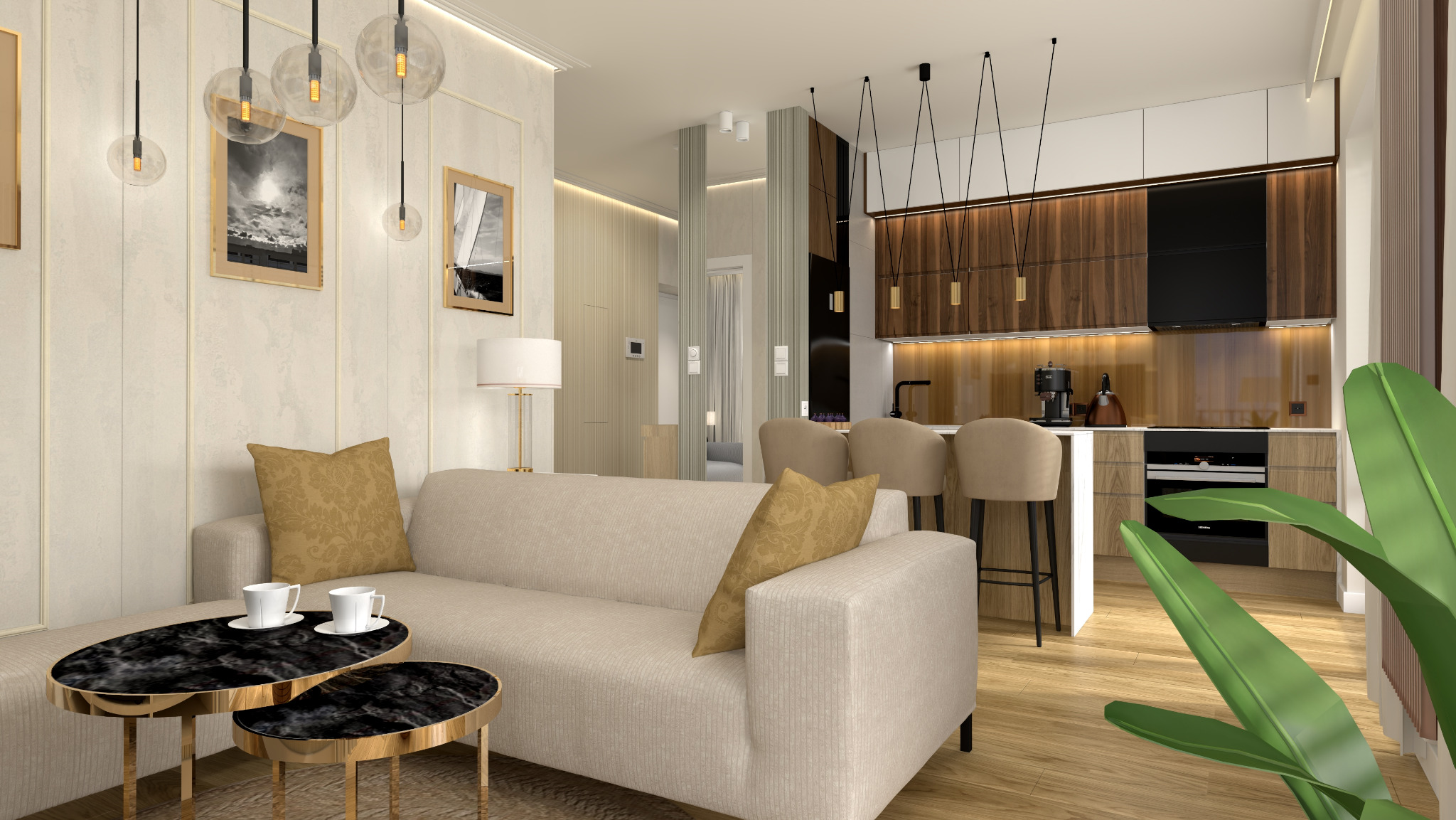 SALON z KUCHNIĄ Open Space ciepła kolorystyka drewna