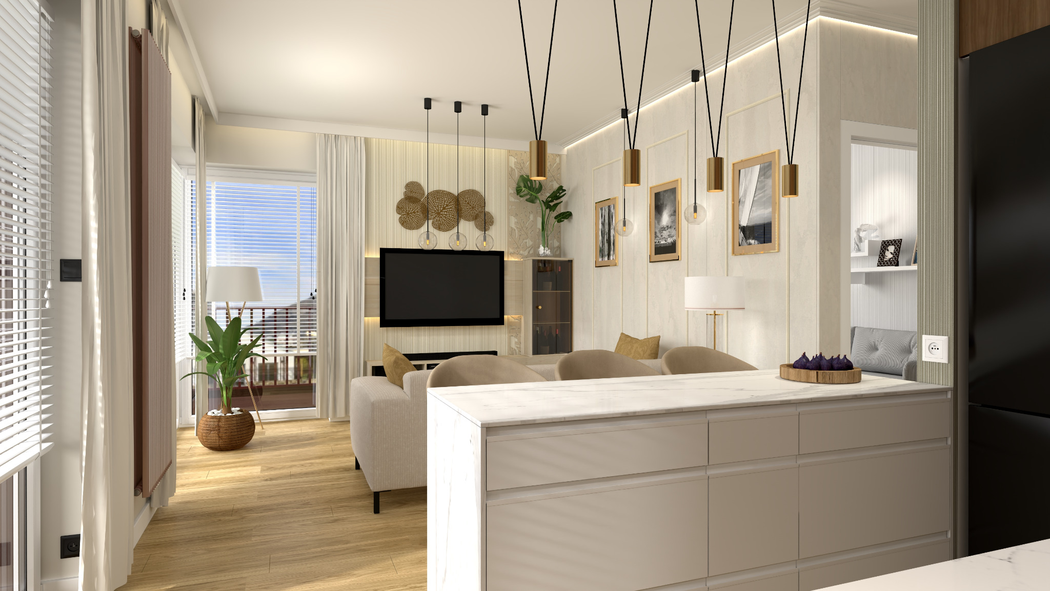 Jasne, przestronne wnętrze salonu z aneksem kuchennym, z beżową sofą, telewizorem na ścianie z dekoracyjnymi elementami i wyspą kuchenną z marmurowym blatem, oświetlone wiszącymi lampami...