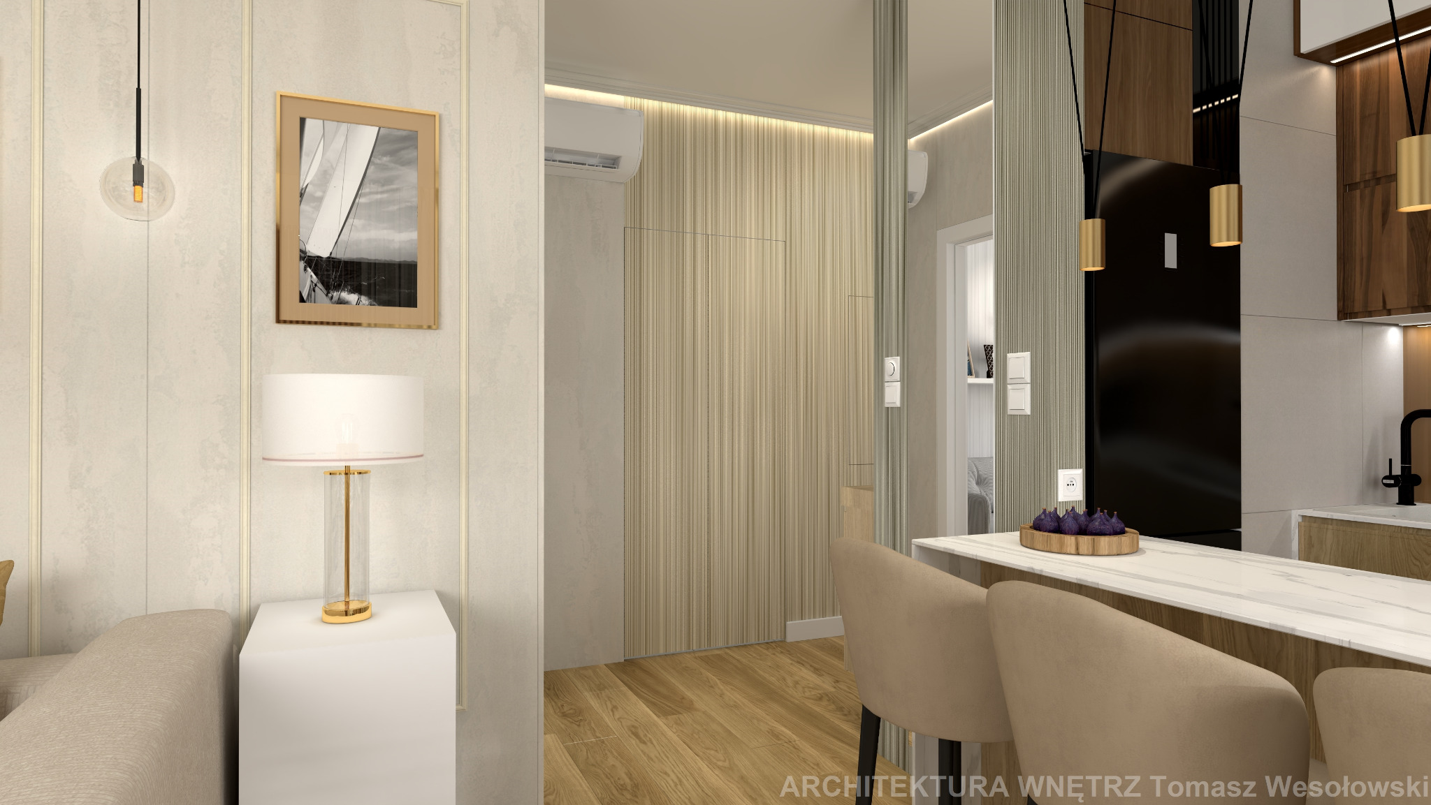 Nowoczesne wnętrze mieszkania z elementami drewna, oświetleniem punktowym i obrazem żaglówki na ścianie, widok na aneks kuchenny z wyspą i krzesłami barowymi.