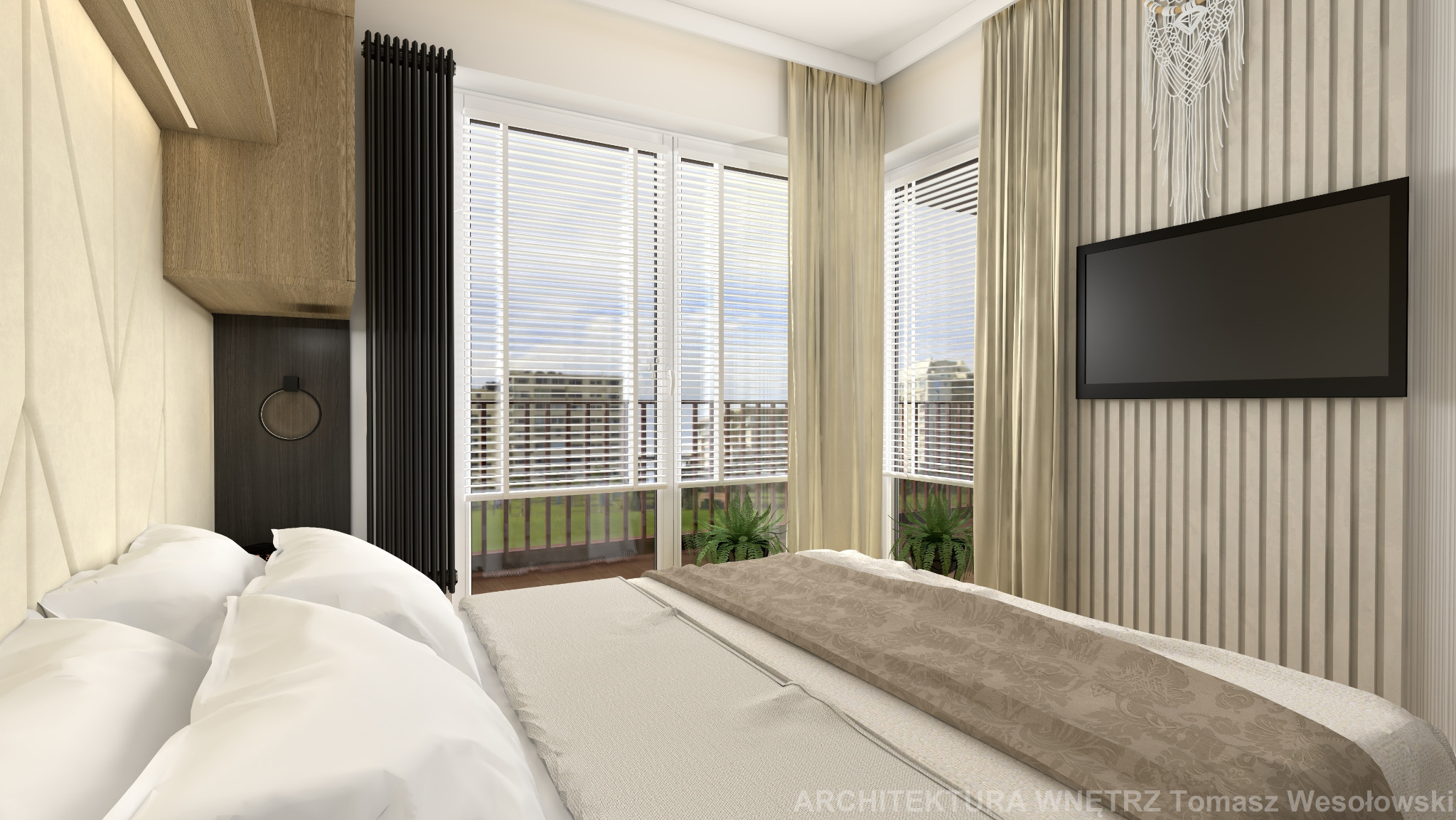 Nowoczesna sypialnia z łóżkiem, dużym oknem z żaluzjami, telewizorem na ścianie z panelami oraz dekoracją makramową.