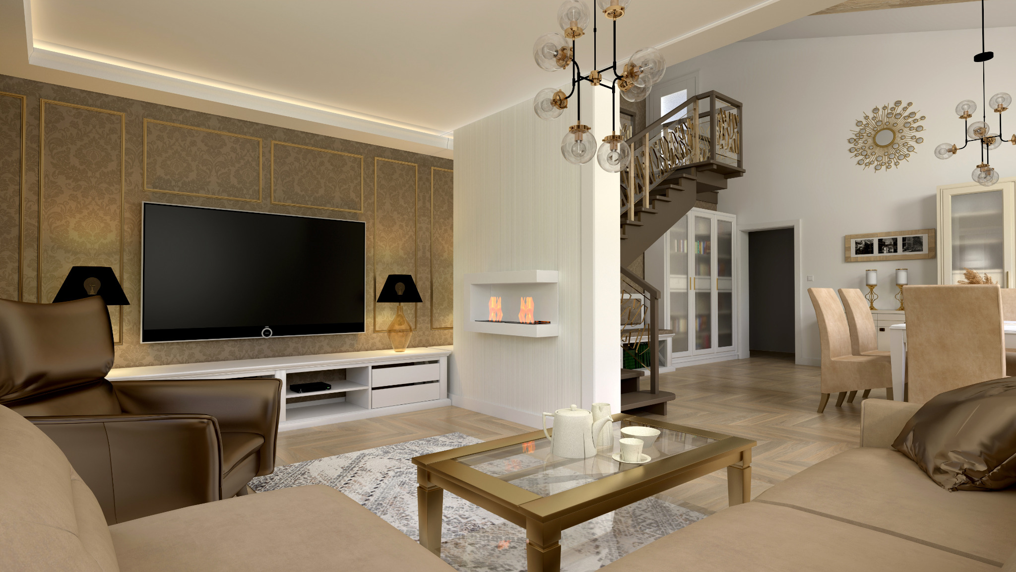 Elegancki salon z kominkiem bio, schodami spiralnymi i dekoracyjną ścianą telewizyjną w odcieniach beżu i złota, oświetlony nowoczesnym żyrandolem.