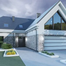 Wizualizacja nowoczesnego domu jednorodzinnego z garażem, wykończonego kamieniem elewacyjnym i dużym trójkątnym oknem na poddaszu, otoczonego zadbanym trawnikiem i roślinnością.