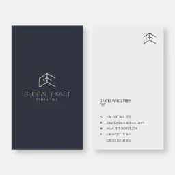 Wizytówki firmy Global Exact z Hiszpanii, minimalistyczny design z logo i danymi kontaktowymi, prezentowane przez firmę ze Świnoujścia.