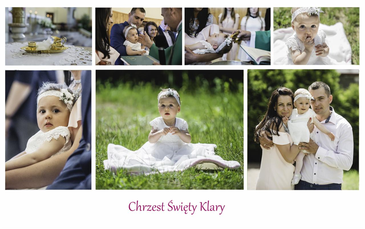 Kolaż zdjęć z ceremonii chrztu małej dziewczynki w białej sukience i opasce z kwiatami, obejmujący ujęcia z kościoła i sesję plenerową z rodzicami.