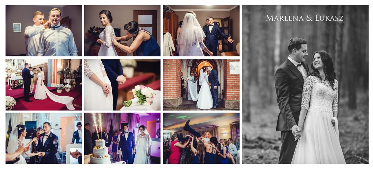 Kolaż zdjęć z uroczystości ślubnej: przygotowania, ceremonia w kościele, tort z fontannami iskier, zabawa weselna oraz czarno-biała sesja plenerowa w lesie z parą młodą.