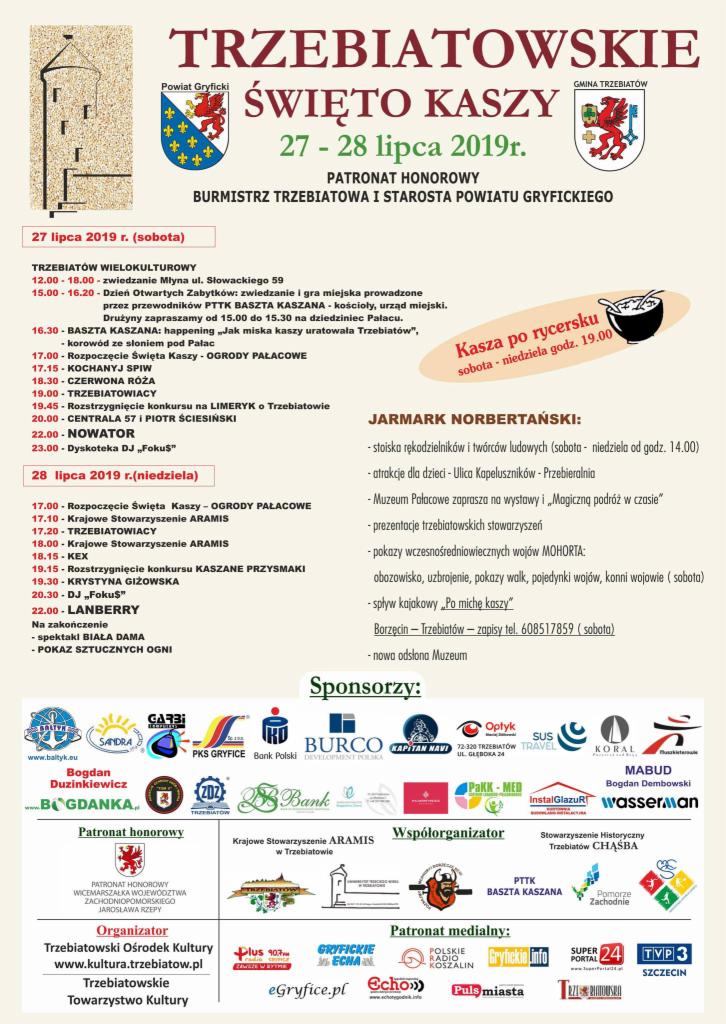 Plakat informujący o wydarzeniu 'Trzebiatowskie Święto Kaszy' w dniach 27-28 lipca 2019 roku, z programem imprez i listą sponsorów.
