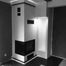 Nowoczesna obudowa kominkowa narożna w kolorze białym z czarnymi akcentami i oświetleniem LED, w trakcie montażu podłogi.