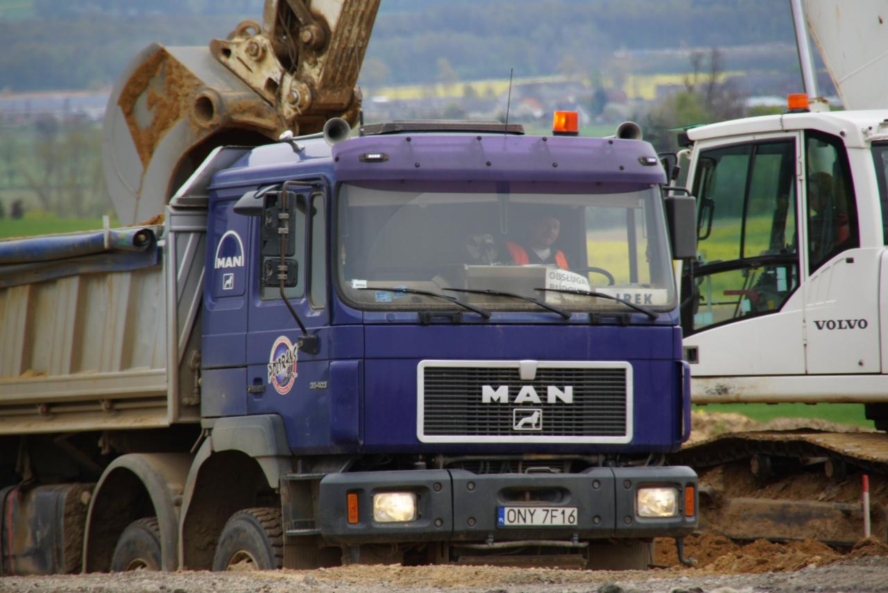 Niebieska ciężarówka MAN z podniesioną skrzynią ładunkową i koparką na budowie w tle, widoczny operator w kabinie.