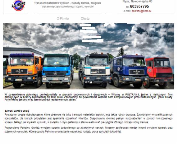 Rząd kolorowych ciężarówek MAN i Mercedes-Benz, prezentowanych przez firmę POLTRANS, specjalizującą się w transporcie materiałów sypkich i robotach ziemnych, z widocznym logo firmy i danymi...