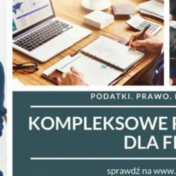 Kobieta z założonymi rękami na tle biura rachunkowego, laptopa z wykresami, notatnika z obliczeniami i zespołu trzymającego się za ręce, symbolizujących kompleksowe rozwiązania dla firm.