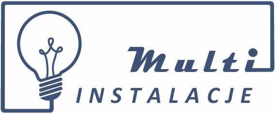 Logo firmy Multi Instalacje w kolorze niebieskim, przedstawiające żarówkę w obramowaniu i napis 'Multi INSTALACJE'.