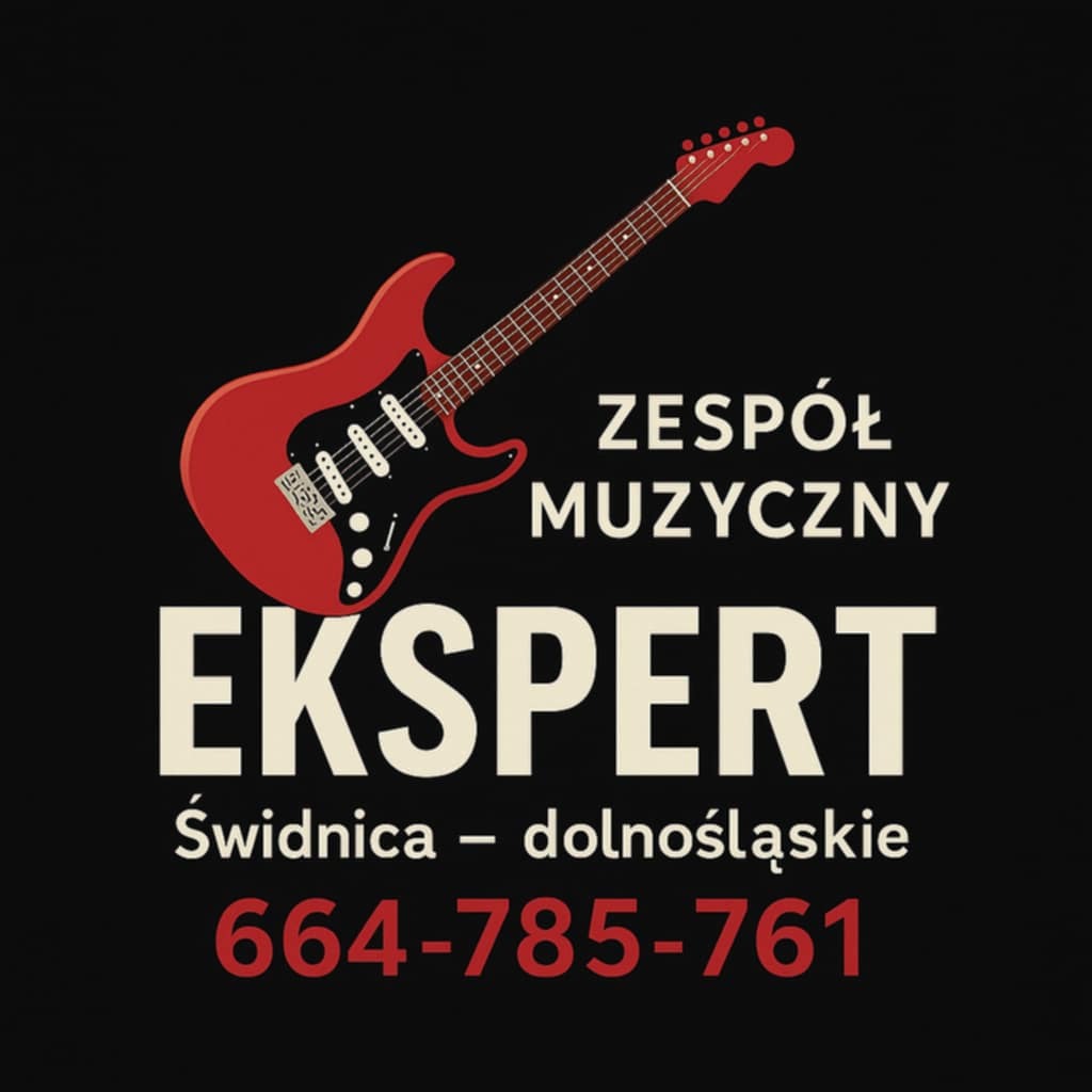 Grafika zespołu muzycznego z czerwoną gitarą, napisem 'Zespół Muzyczny Ekspert' i numerem telefonu na czarnym tle. Lokalizacja: Świdnica, Dolnośląskie.