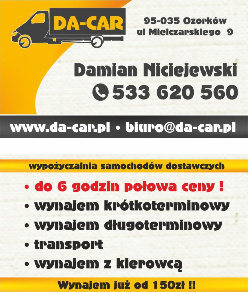 Reklama firmy DA-CAR oferującej wynajem samochodów dostawczych z adresem, numerem telefonu i adresem e-mail.