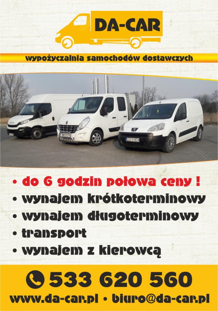 Trzy białe samochody dostawcze różnych marek zaparkowane obok siebie, z logo firmy DA-CAR i informacjami o wynajmie na górze i dole zdjęcia.