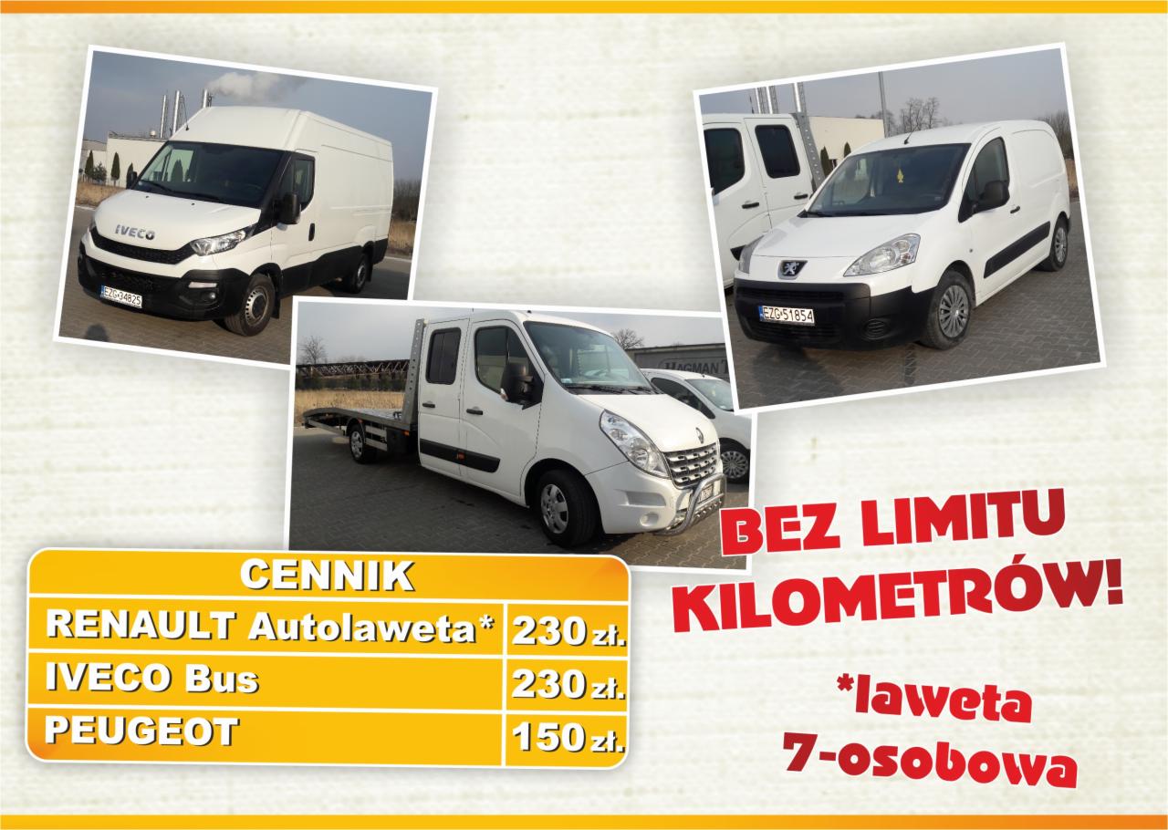 Kompozycja zdjęć białych samochodów dostawczych różnych marek (Iveco, Renault Autolaweta, Peugeot) wraz z cennikiem i informacją o braku limitu kilometrów.