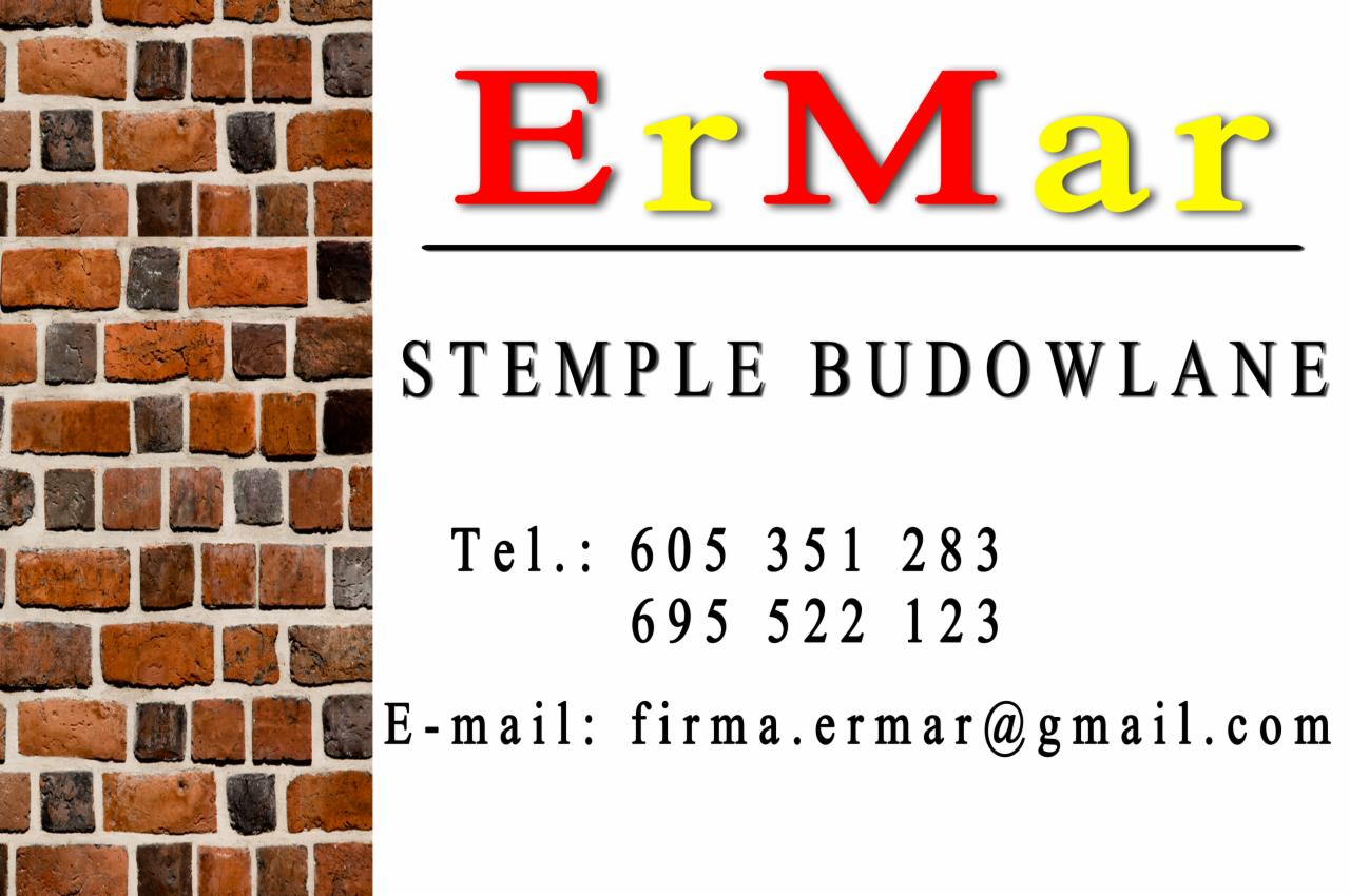 Logo firmy ErMar oferującej stemple budowlane, z numerami telefonów i adresem e-mail, na tle fragmentu muru z czerwonej cegły.