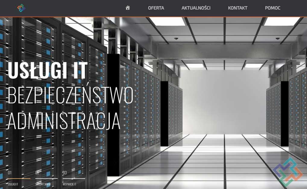 Wizualizacja serwerowni z rzędami szaf rack, prezentująca usługi IT, bezpieczeństwo i administrację systemami, z elementami interfejsu strony internetowej wkomponowanymi w obraz.