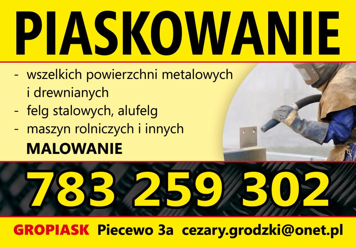Ogłoszenie firmy oferującej czyszczenie strumieniowo-ścierne i malowanie, z pracownikiem w kombinezonie ochronnym podczas obróbki metalowego elementu.