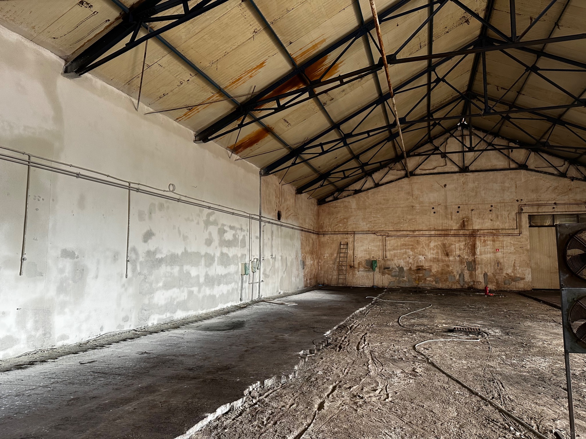 Wnętrze hali przemysłowej przed remontem, widoczne ślady wilgoci na ścianach, metalowa konstrukcja dachu, betonowa podłoga z zabrudzeniami i instalacje elektryczne wzdłuż ściany.