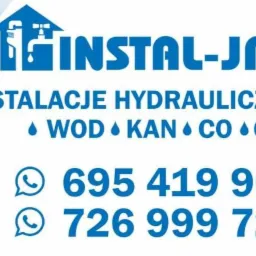 Niebieski baner firmy INSTAL-JAN oferującej instalacje hydrauliczne, wod-kan, CO i gaz. Kontakt przez dwa numery telefonów z ikonami komunikatora.