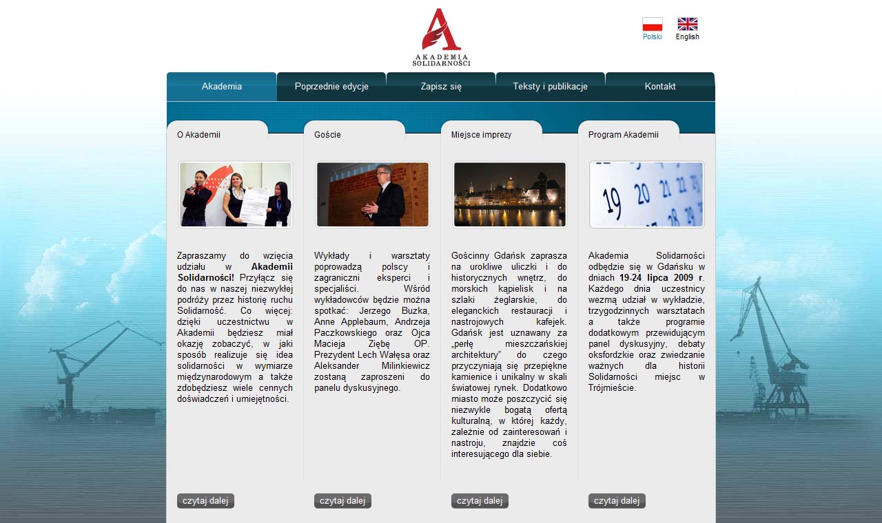 Zrzut ekranu strony internetowej Akademii Solidarności, prezentujący sekcje takie jak 'O Akademii', 'Goście', 'Miejsce imprezy' i 'Program Akademii', z miniaturkami zdjęć i tekstem zapraszającym...