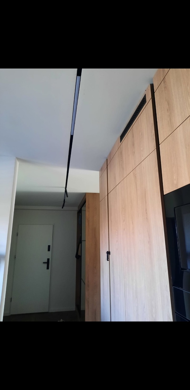 Nowoczesne wykończenie wnętrza: zabudowa meblowa z jasnego drewna, czarna listwa oświetleniowa na suficie i białe drzwi w tle. Minimalistyczny design.