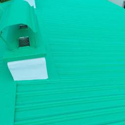 TeamPol - Świeżo pomalowany, zielony blaszany dach z kominkami wentylacyjnymi, widok z góry.