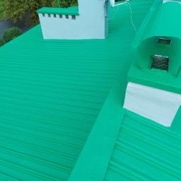 TeamPol - Świeżo pomalowany na zielono blaszany dach z kominem i anteną satelitarną we Wrzosowej, widok z góry.