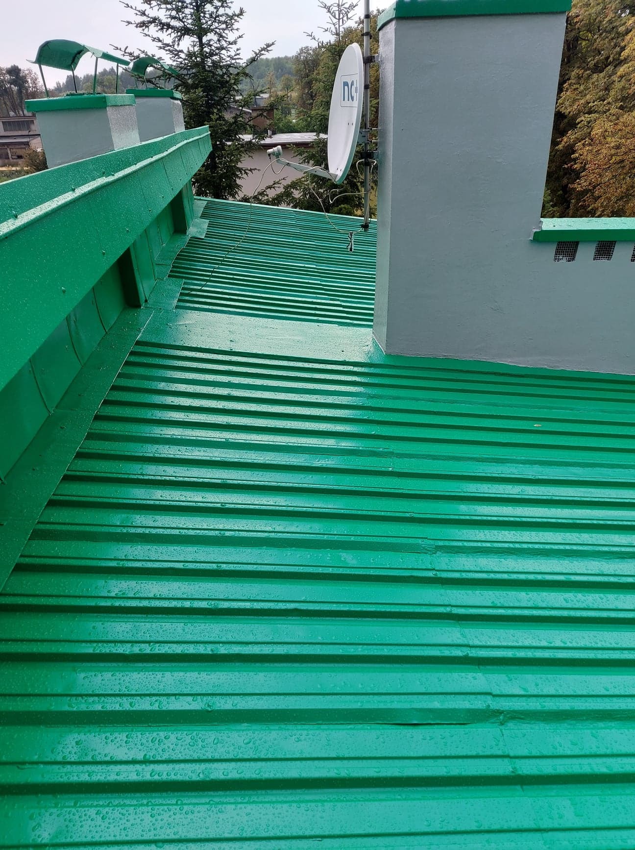 Świeżo pomalowany na zielono blaszany dach z kominem i anteną satelitarną, widoczne krople wody po deszczu.