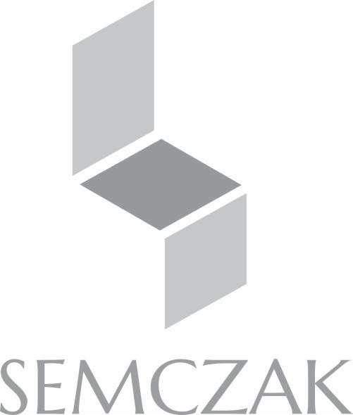Szare logo firmy Semczak przedstawiające abstrakcyjny, geometryczny kształt przypominający krzesło lub narożnik w rzucie izometrycznym.