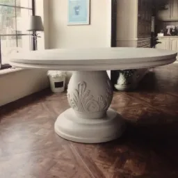Okrągły, kremowy stół z dekoracyjną, rzeźbioną podstawą, ustawiony na parkiecie w jodełkę, widok z boku, w tle okno i zabudowa kuchenna.