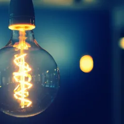 Żarówka Edisona z żarnikiem w kształcie spirali, oświetlona na ciepło, z rozproszonym światłem w tle, w minimalistycznym stylu.