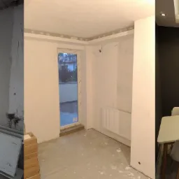 Porównanie stanu surowego, w trakcie prac i wykończonego wnętrza z oknem balkonowym, widoczne elementy instalacji grzewczej i oświetlenie sufitowe.