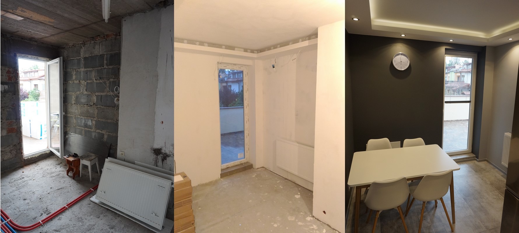 Porównanie stanu surowego, w trakcie prac i wykończonego wnętrza z oknem balkonowym, widoczne elementy instalacji grzewczej i oświetlenie sufitowe.