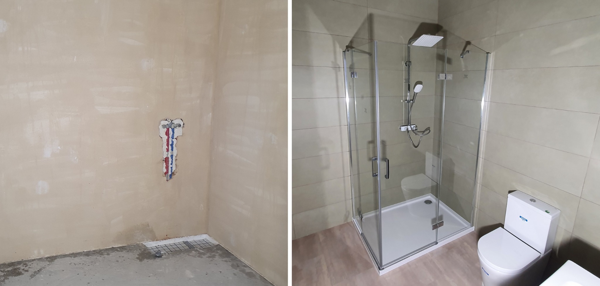 Porównanie stanu łazienki przed i po: surowa ściana z wystającymi rurami obok wykończonej kabiny prysznicowej i toalety.