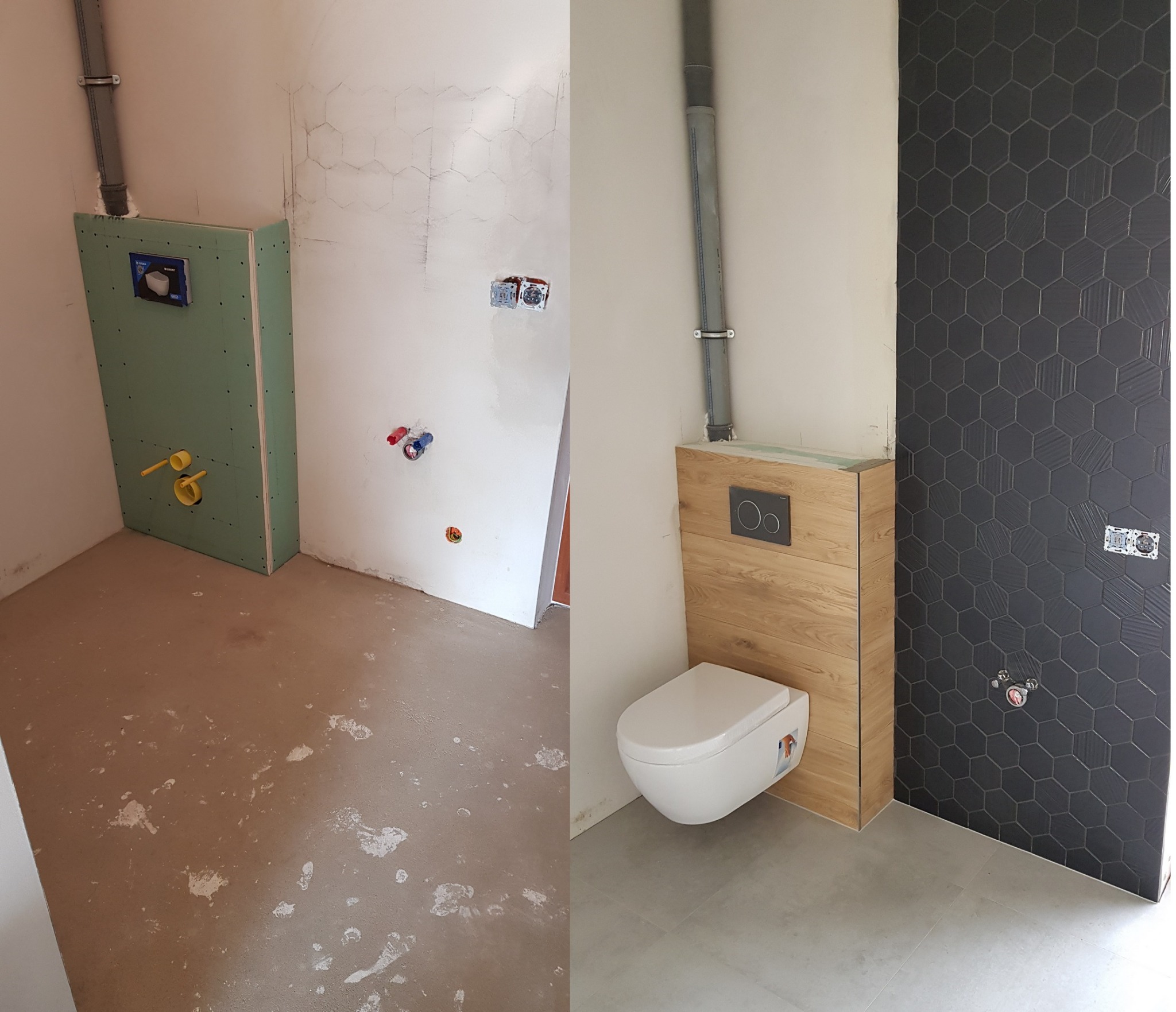 Dwa etapy prac w łazience w Łodzi: po lewej przygotowanie do instalacji, widoczna płyta gipsowo-kartonowa z wyprowadzonymi rurami, po prawej zamontowana toaleta podwieszana z drewnianą obudową...