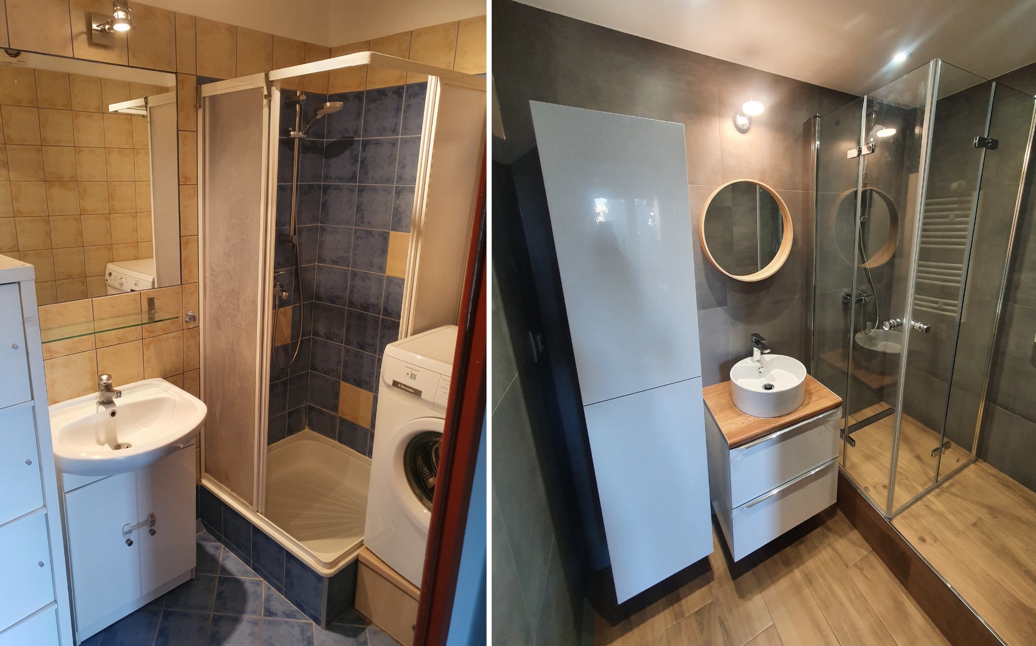 Porównanie aranżacji łazienki: po lewej starsza z pralką obok kabiny prysznicowej i beżowo-niebieskimi płytkami, po prawej nowsza z szarą ścianą, okrągłym lustrem, drewnianym blatem pod umywalką...