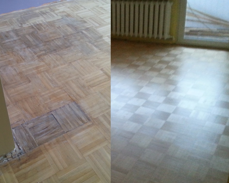 Parkiet drewniany w trakcie renowacji: fragment podłogi przed i po zabiegu, widoczne różnice w kolorze i wykończeniu, z ubytkami przy ścianie.