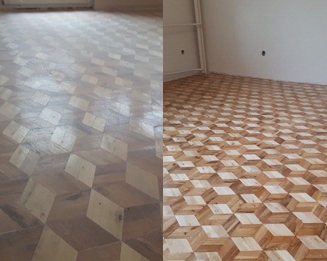 Parkiet ułożony we wzór 3D kostek, część podłogi po lewej stronie przed, a po prawej po renowacji, widoczne różnice w odcieniu i połysku drewna.