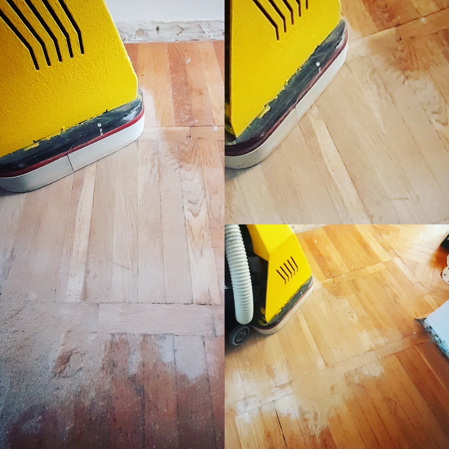 Parkiet w trakcie renowacji: fragment posadzki przed i po użyciu żółtej cykliniarki, widoczne różnice w kolorze i wykończeniu drewna.
