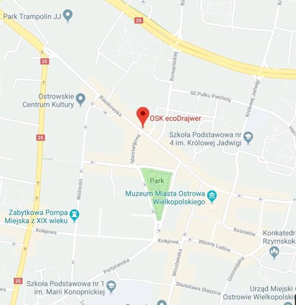Mapa Ostrowa Wielkopolskiego z zaznaczoną lokalizacją OSK ecoDrajwer przy ulicy Raszkowskiej 28.